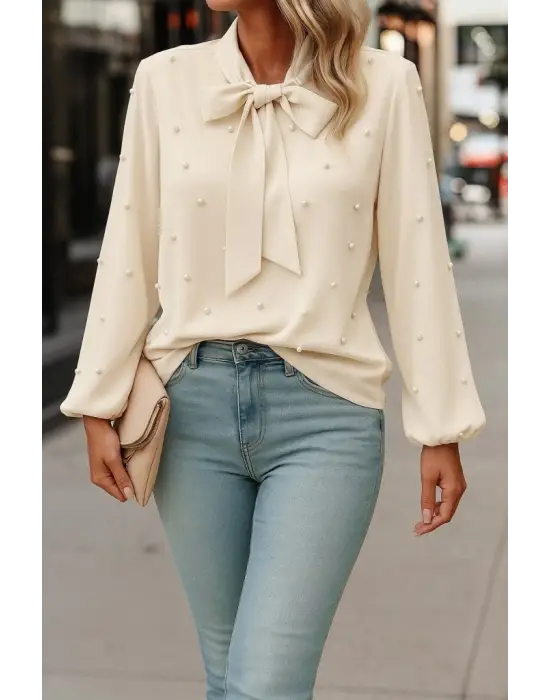 Kadın Uzun Kollu Yakadan Fiyonklu Incili Ithal Krep Bluz
