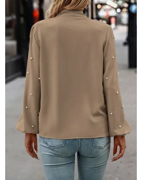 Kadın Uzun Kollu Yakadan Fiyonklu Incili Ithal Krep Bluz