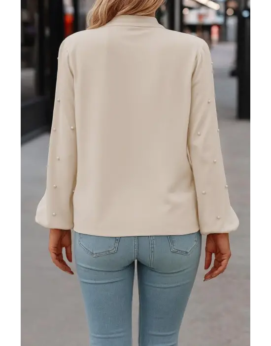 Kadın Uzun Kollu Yakadan Fiyonklu Incili Ithal Krep Bluz