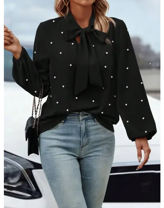 Kadın Uzun Kollu Yakadan Fiyonklu Incili Ithal Krep Bluz