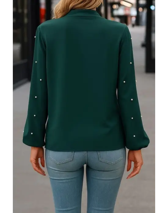 Kadın Uzun Kollu Yakadan Fiyonklu Incili Ithal Krep Bluz