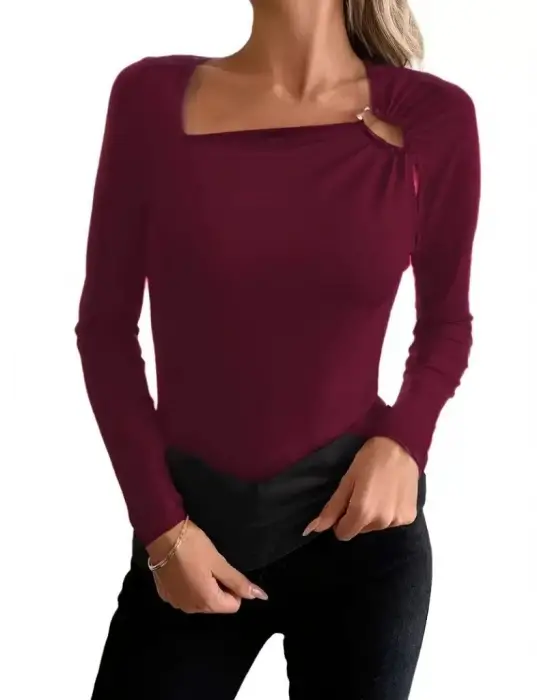 Kadın Uzun Kollu Yakadan Halka Detaylı Viskon Bluz