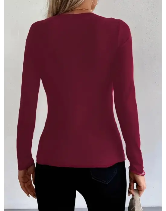 Kadın Uzun Kollu Yakadan Halka Detaylı Viskon Bluz