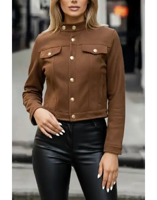 Kadın Uzun Kollu Yakadan Ve önden Düğmeli Süet Kısa Ceket