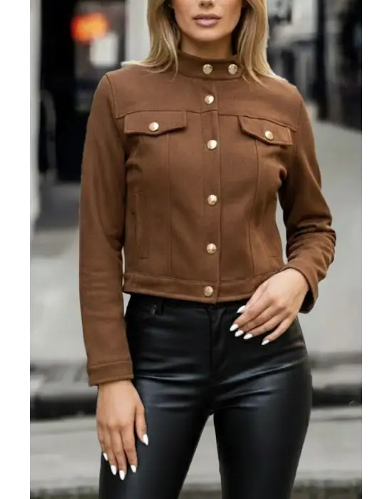 Kadın Uzun Kollu Yakadan Ve önden Düğmeli Süet Kısa Ceket