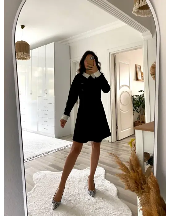 Kadın Uzun Kollu Yakalı A Kesim Kısa Ithal Krep Elbise