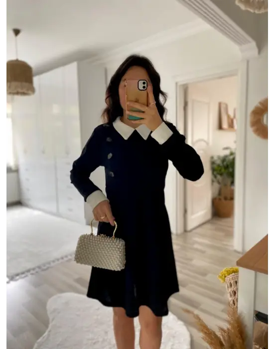 Kadın Uzun Kollu Yakalı A Kesim Kısa Ithal Krep Elbise