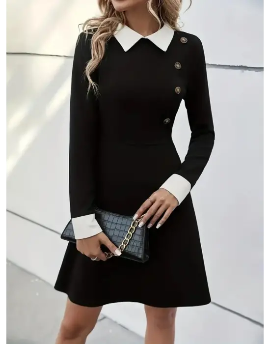 Kadın Uzun Kollu Yakalı A Kesim Kısa Ithal Krep Elbise