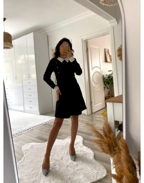 Kadın Uzun Kollu Yakalı A Kesim Kısa Ithal Krep Elbise