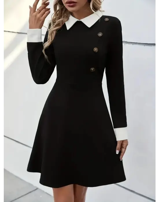 Kadın Uzun Kollu Yakalı A Kesim Kısa Ithal Krep Elbise