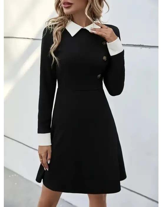 Kadın Uzun Kollu Yakalı A Kesim Kısa Ithal Krep Elbise