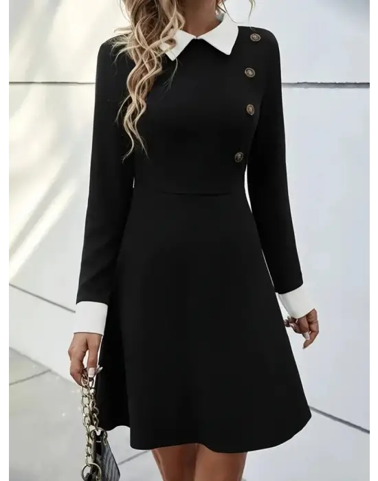 Kadın Uzun Kollu Yakalı A Kesim Kısa Ithal Krep Elbise