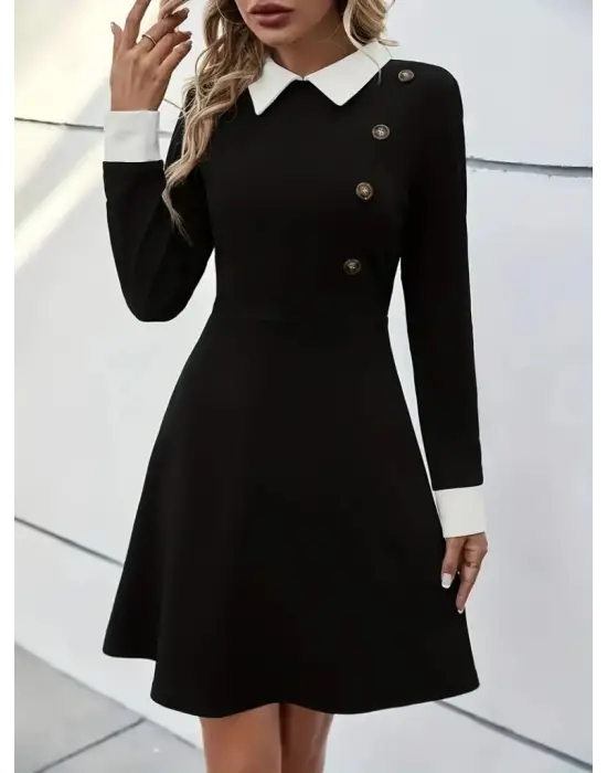 Kadın Uzun Kollu Yakalı A Kesim Kısa Ithal Krep Elbise