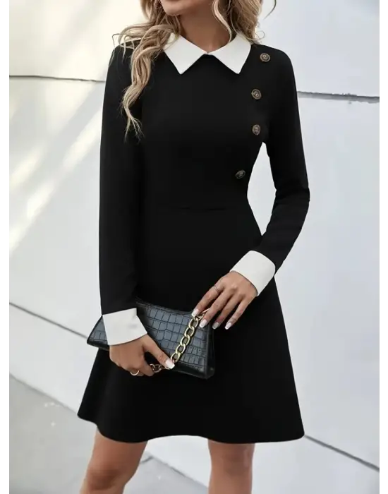 Kadın Uzun Kollu Yakalı A Kesim Kısa Ithal Krep Elbise