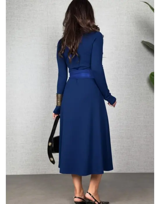 Kadın Uzun Kollu Yakalı Belden Deri Detaylı Kuşaklı Yırtmaçlı Midi Viskon Iki Iplik Elbise