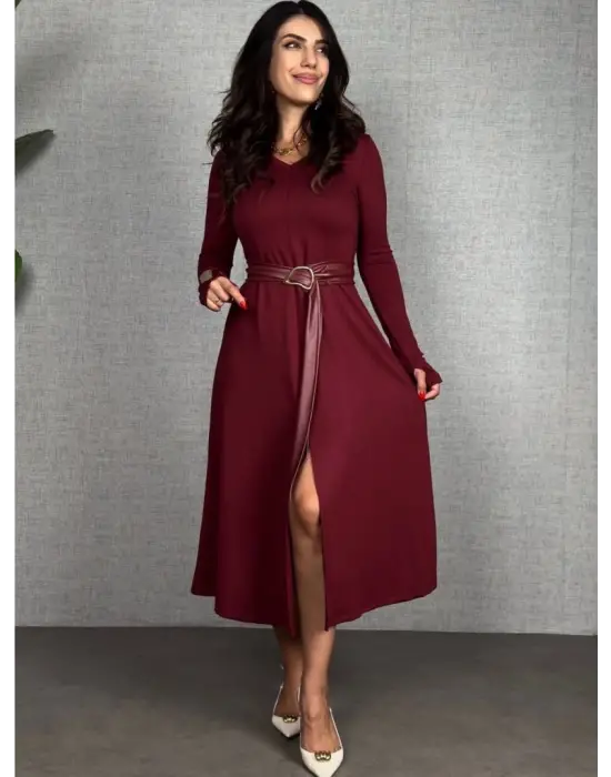 Kadın Uzun Kollu Yakalı Belden Deri Detaylı Kuşaklı Yırtmaçlı Midi Viskon Iki Iplik Elbise