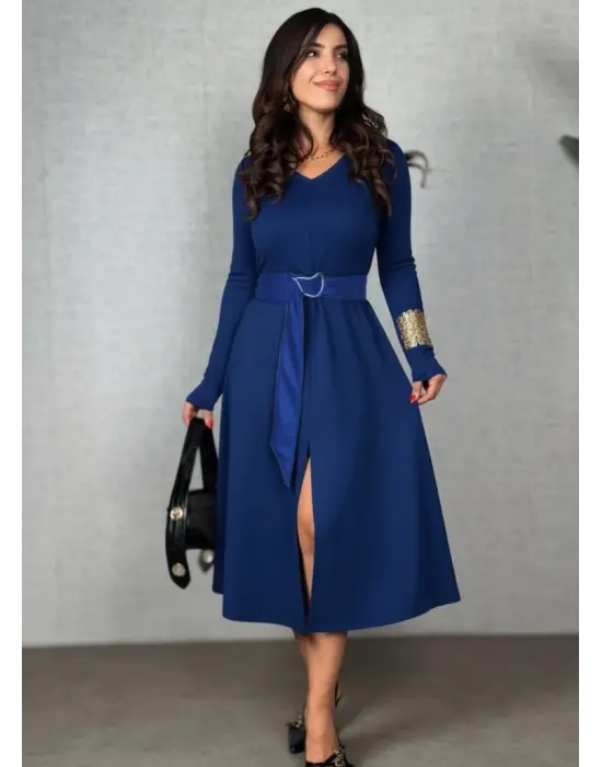 Kadın Uzun Kollu Yakalı Belden Deri Detaylı Kuşaklı Yırtmaçlı Midi Viskon Iki Iplik Elbise