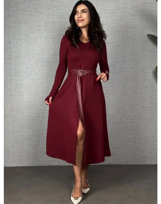 Kadın Uzun Kollu Yakalı Belden Deri Detaylı Kuşaklı Yırtmaçlı Midi Viskon Iki Iplik Elbise