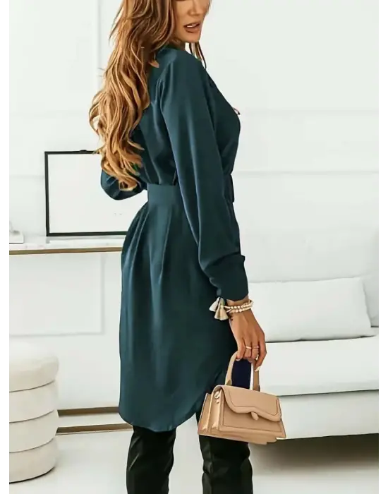 Kadın Uzun Kollu Yakalı Belden Kemerli Kıs Ithal Krep Elbise