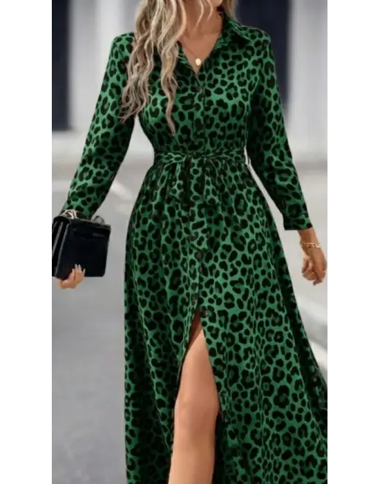 Kadın Uzun Kollu Yakalı Belden Kuşaklı Leopar Desenli Modal Uzun Elbise