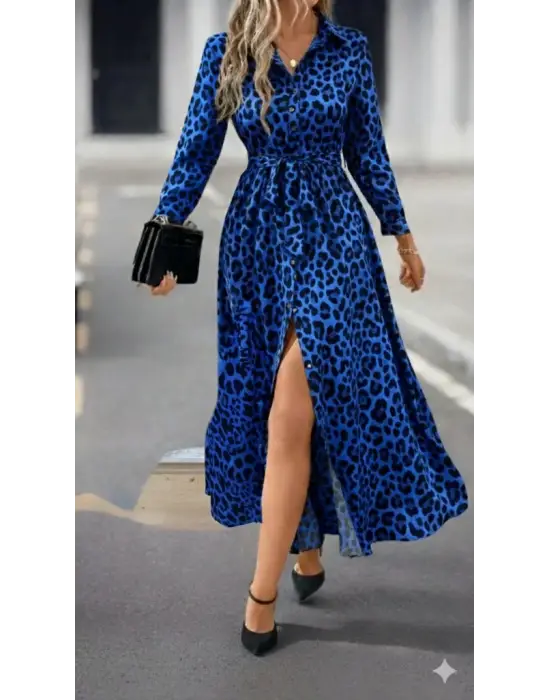 Kadın Uzun Kollu Yakalı Belden Kuşaklı Leopar Desenli Modal Uzun Elbise