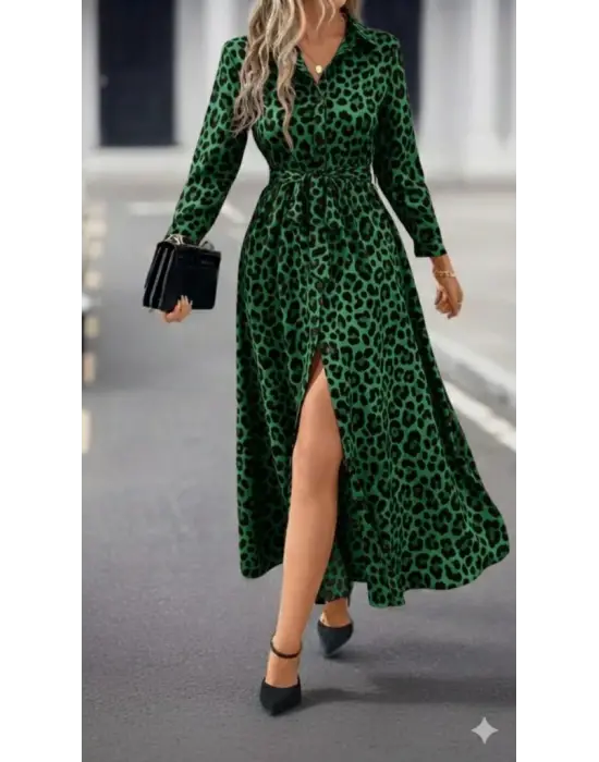 Kadın Uzun Kollu Yakalı Belden Kuşaklı Leopar Desenli Modal Uzun Elbise