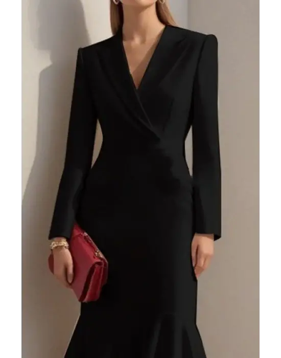 Kadın Uzun Kollu Yakalı Belden Oturtmalı Midi Ithal Krep Elbise