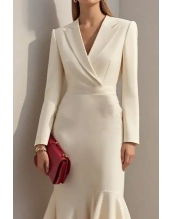 Kadın Uzun Kollu Yakalı Belden Oturtmalı Midi Ithal Krep Elbise