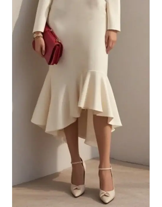 Kadın Uzun Kollu Yakalı Belden Oturtmalı Midi Ithal Krep Elbise