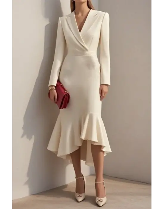 Kadın Uzun Kollu Yakalı Belden Oturtmalı Midi Ithal Krep Elbise
