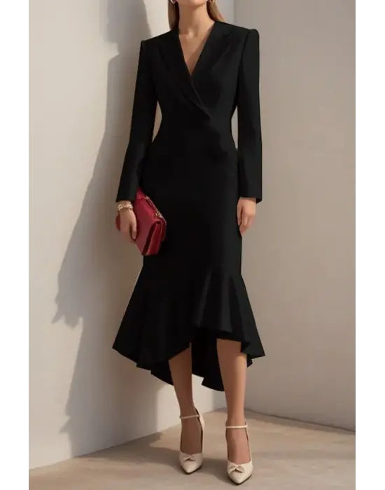 Kadın Uzun Kollu Yakalı Belden Oturtmalı Midi Ithal Krep Elbise