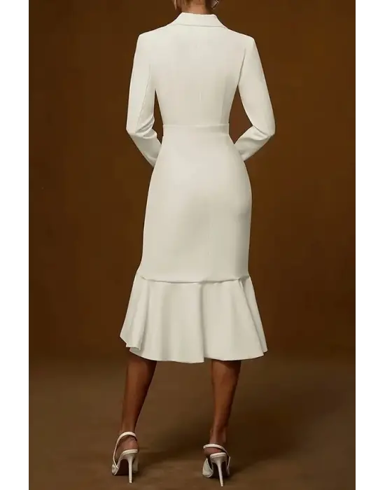 Kadın Uzun Kollu Yakalı Belden Oturtmalı Midi Ithal Krep Elbise