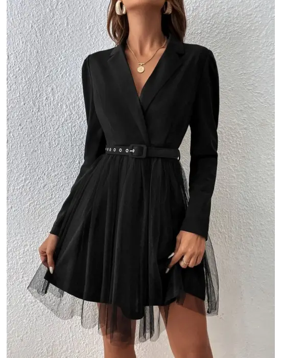 Kadın Uzun Kollu Yakalı Belinde Kemer Detaylı Mini Tüllü Ithal Krep Elbise