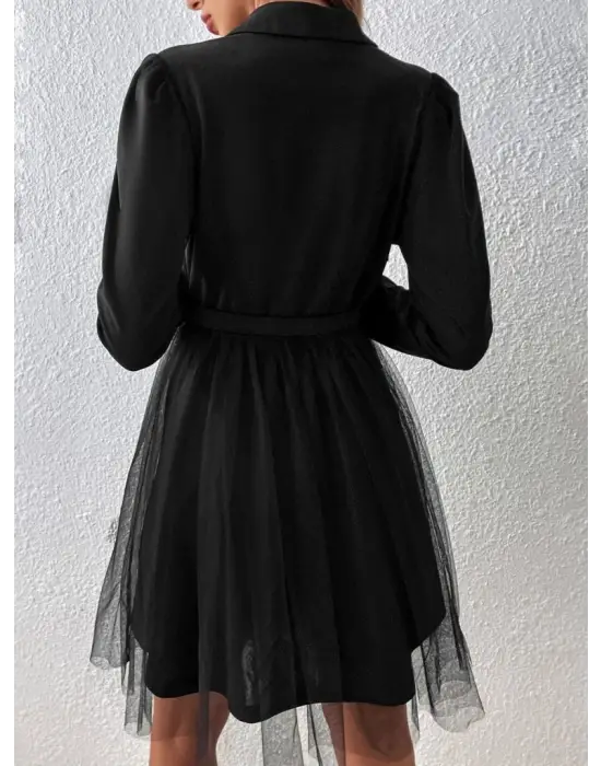 Kadın Uzun Kollu Yakalı Belinde Kemer Detaylı Mini Tüllü Ithal Krep Elbise