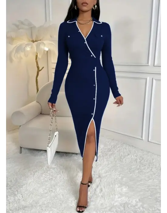 Modern Yakalı Düğmeli Modal Elbise