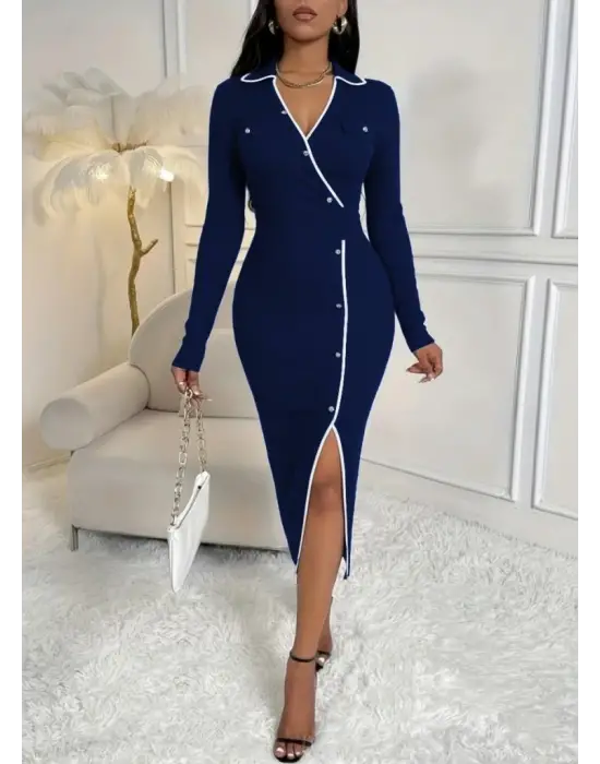 Kadın Uzun Kollu Yakalı Cepli Düğmeli Yırtmaç Detaylı Modal Uzun Elbise