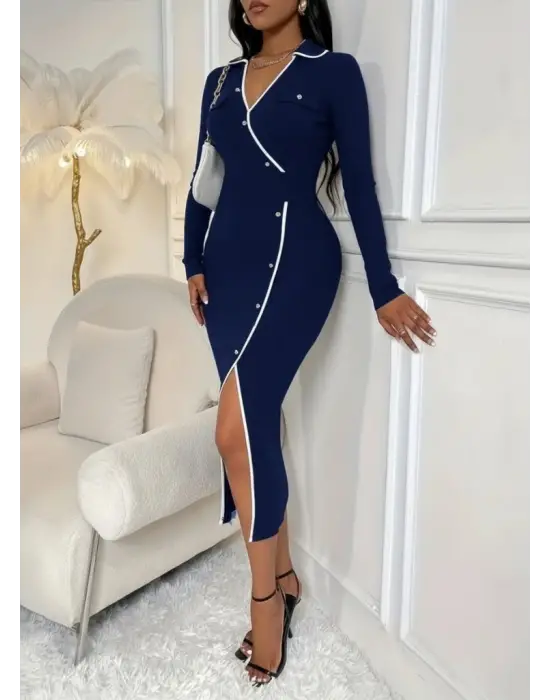 Modern Yakalı Düğmeli Modal Elbise