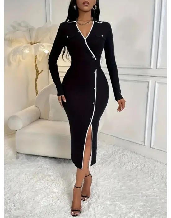 Modern Yakalı Yırtmaç Detaylı Uzun Elbise