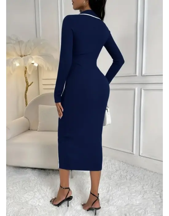 Modern Yakalı Düğmeli Modal Elbise