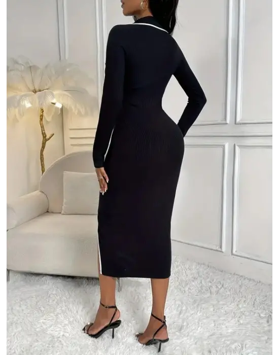 Kadın Uzun Kollu Yakalı Cepli Düğmeli Yırtmaç Detaylı Modal Uzun Elbise