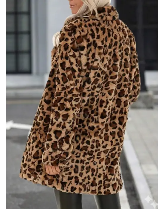 Kadın Uzun Kollu Yakalı Cepli Kısa Peluş Leopar Kaban