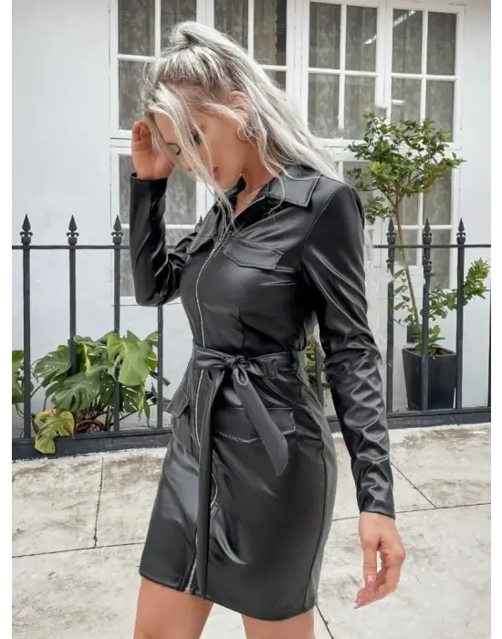 Kadın Uzun Kollu Yakalı Cepli önü Fermuarlı Mini Deri Elbise