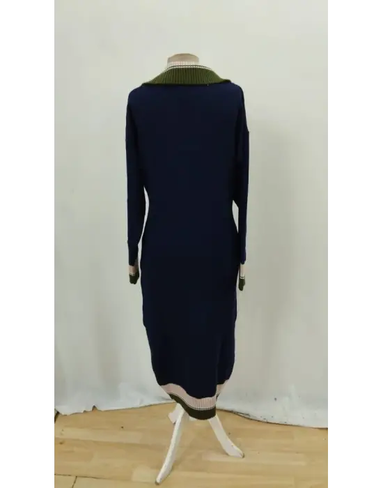 Kadın Uzun Kollu Yakalı çok Renkli Triko Uzun Elbise