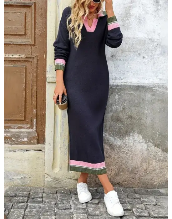 Kadın Uzun Kollu Yakalı çok Renkli Triko Uzun Elbise