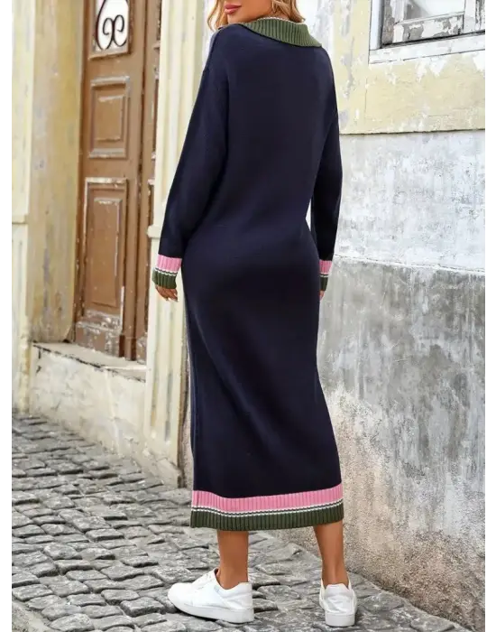 Kadın Uzun Kollu Yakalı çok Renkli Triko Uzun Elbise