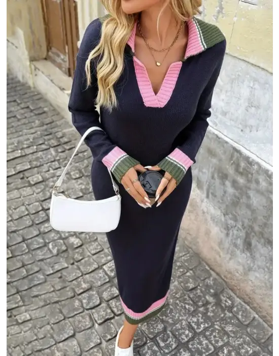 Kadın Uzun Kollu Yakalı çok Renkli Triko Uzun Elbise