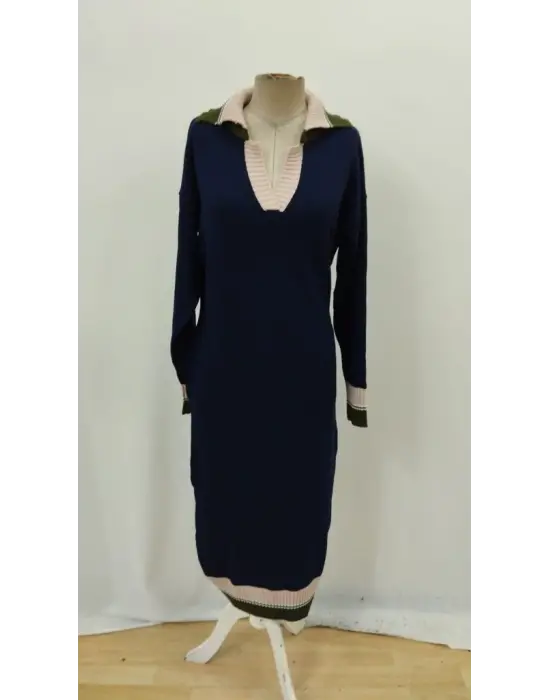 Kadın Uzun Kollu Yakalı çok Renkli Triko Uzun Elbise