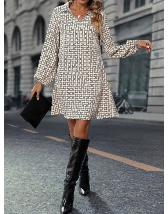 Kadın Uzun Kollu Yakalı Desenli Mini Modal Elbise