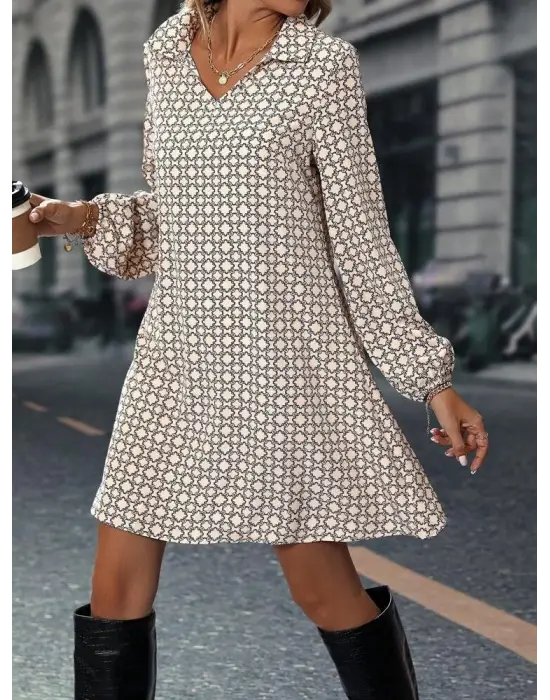 Kadın Uzun Kollu Yakalı Desenli Mini Modal Elbise