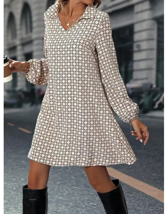 Kadın Uzun Kollu Yakalı Desenli Mini Modal Elbise